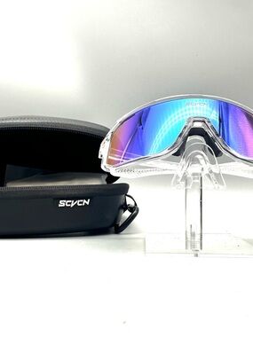 SCVCN Cycling Sunglasses Clear Frame Iridescent Mirrored Lens Sport Shield Case